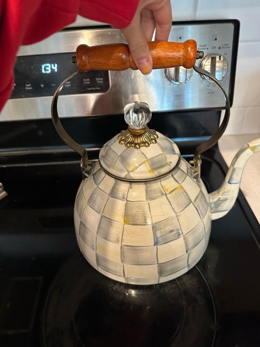 Mackenzie Childs Hand-Painted Ceramic Checkered Teapot with Wooden Handle